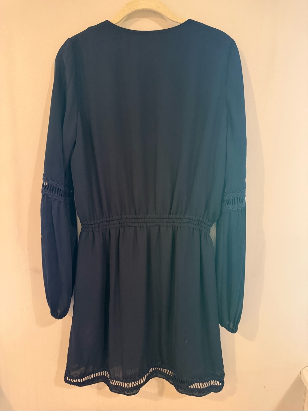 INTERMIX Navy Long-Sleeve Ladder Lace Boho Mini Dress, Size Medium - Picture 3 of 8